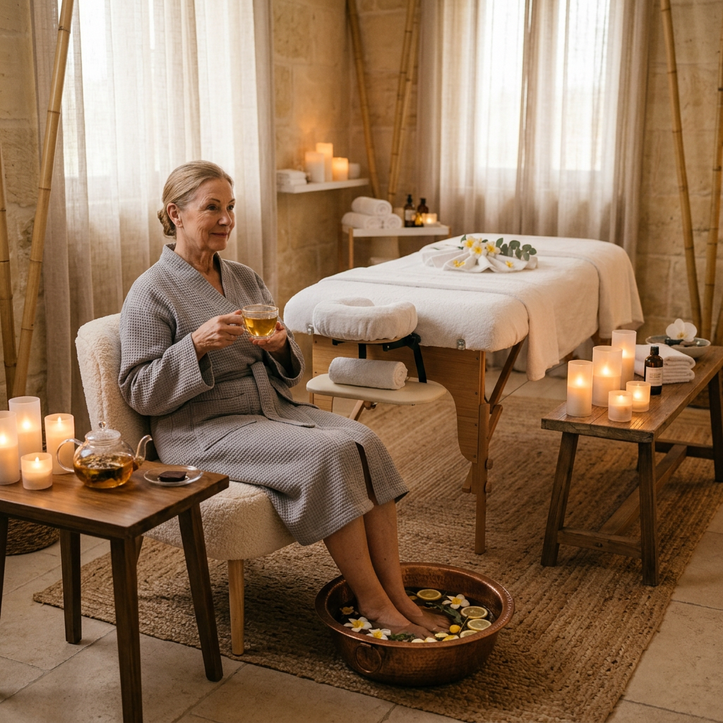 Woman sitting with feet in a floral foot soak basin holding a cup of tea in a spa room